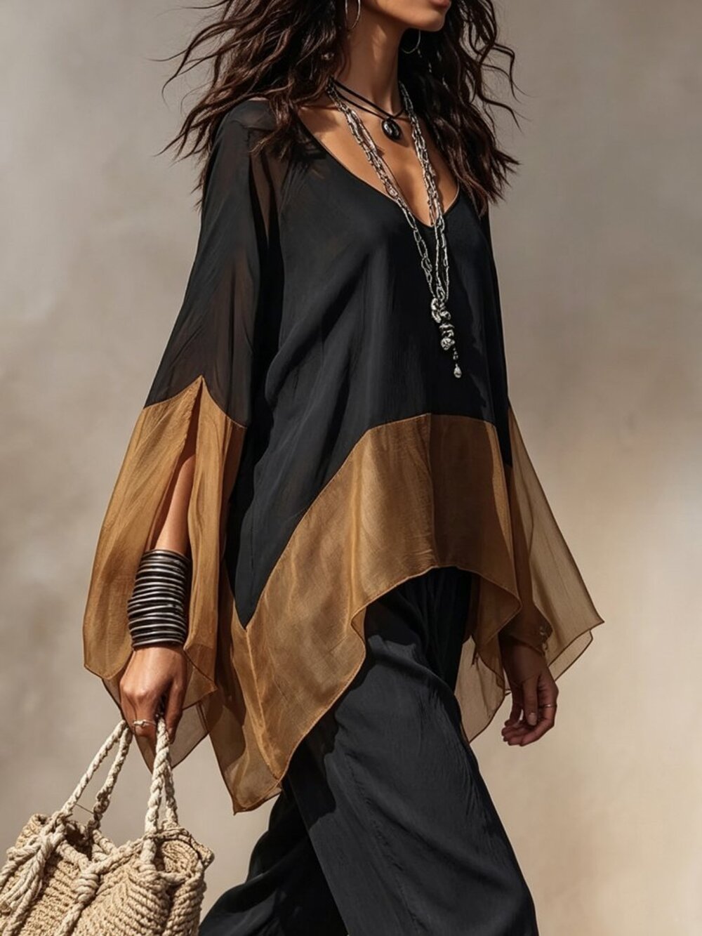 Multicolor Casual Women's Asymmetrical Deep V Split Sleeve T-Shirt - Picture 4 of 4